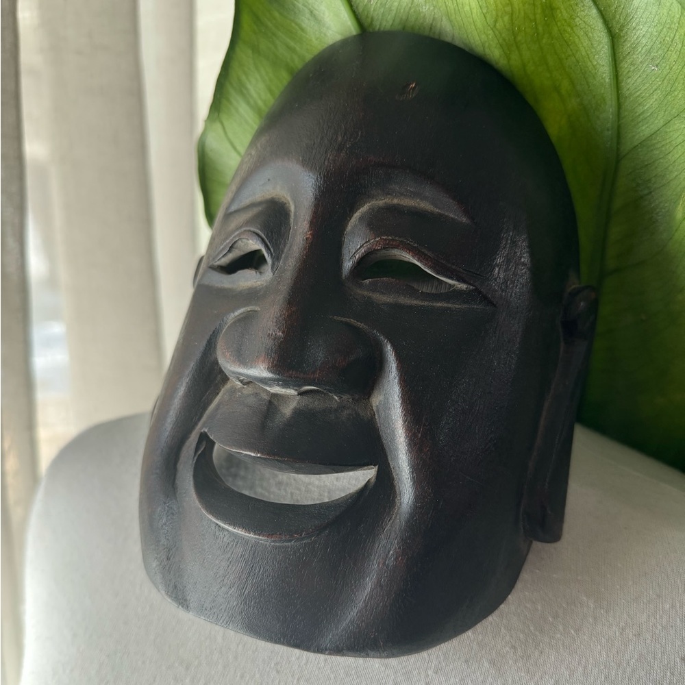 Vintage Hand Carved Wood Smiling Face Mask Asian Style Wall Art Decor